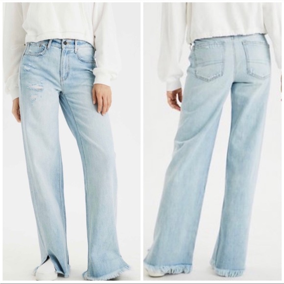 American Eagle Skater Jeans 27/4L Long High Rise Wide Leg Distressed Light Wash - Picture 2 of 16